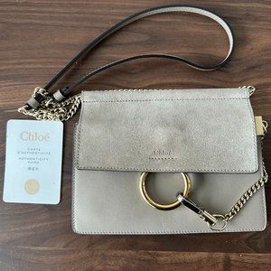 Chloe Calfskin Suede Mini Chain Faye Shoulder Bag (Beige / Motty Grey)
